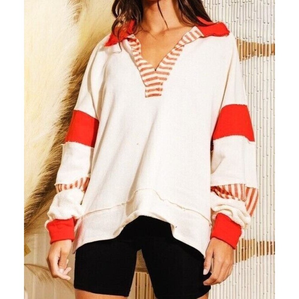 Free People We The Free Clean Prep Polo Pullover Top Oversized Striped M 289538